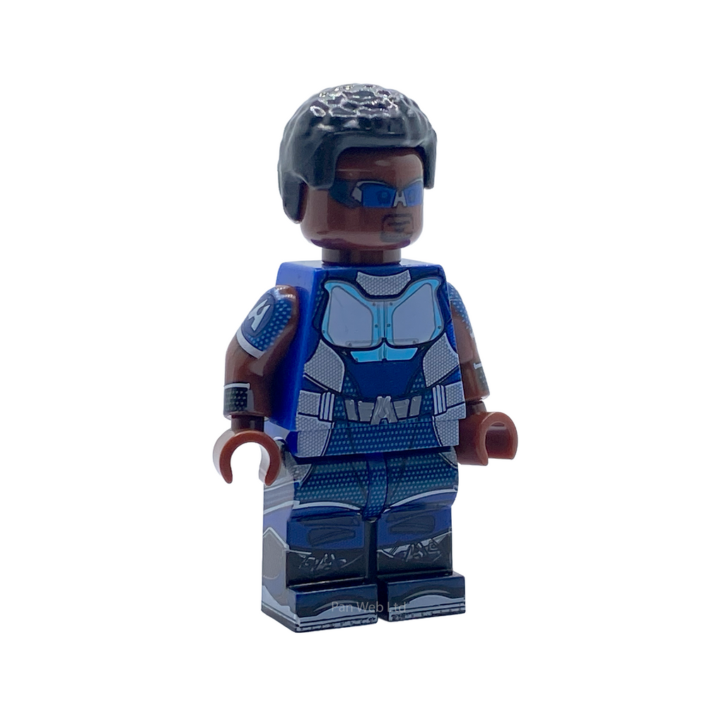 Front view of A-Train custom brick figure in blue and grey suit with helmet