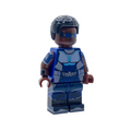 Front view of A-Train custom brick figure in blue and grey suit with helmet