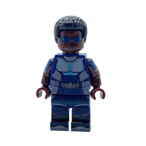 Close-up of A-Train custom brick figure showing helmet and suit detail