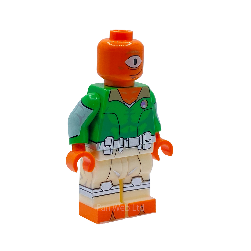 Three-quarter view of Allen the Alien green suit custom minifigure