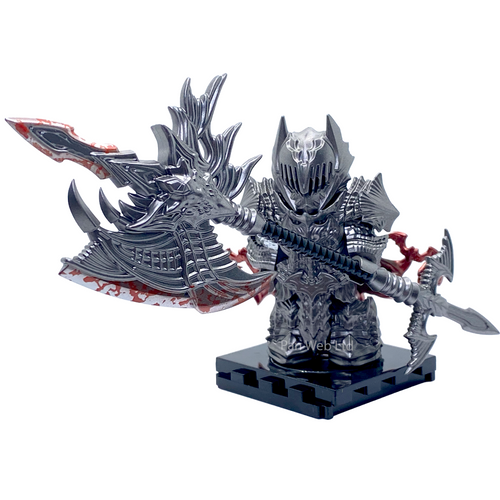 A highly detailed miniature figurine of a fantasy warrior in silver armor holding a large double-headed battle axe with red accents, mounted on a black display base against a white background.