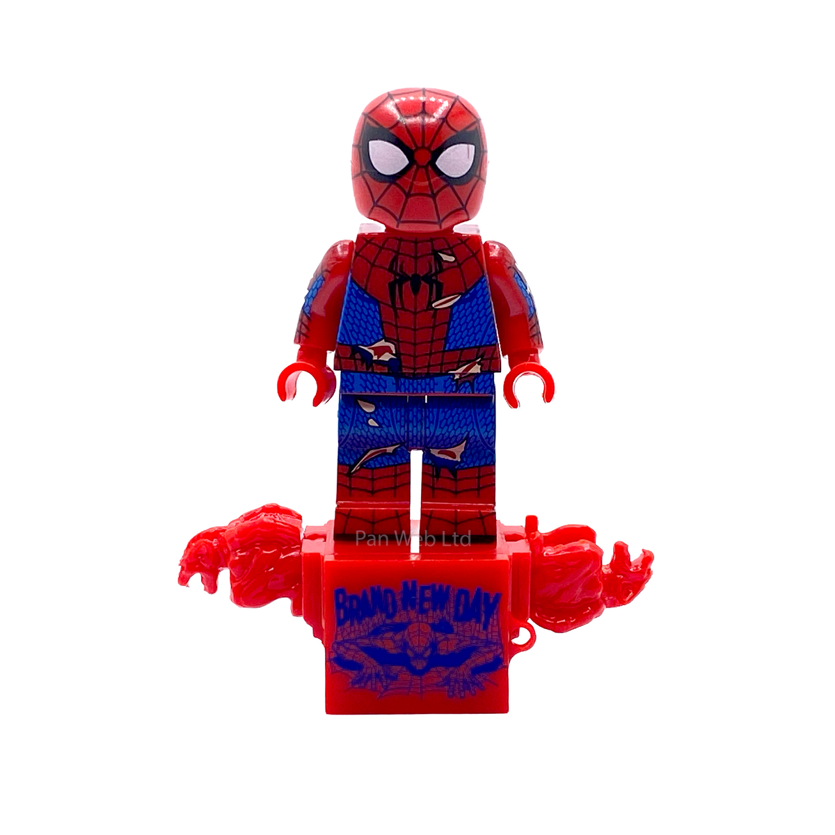 Front view of Spider-Man battle fatigue custom minifigure with red display base and claw accessories