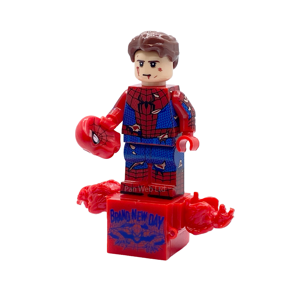 Unmasked Spider-Man battle fatigue custom minifigure holding red mask on web-themed display base