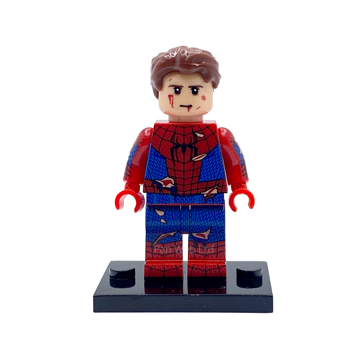 Front view of unmasked Spider-Man battle fatigue custom minifigure with brown hair on black display base
