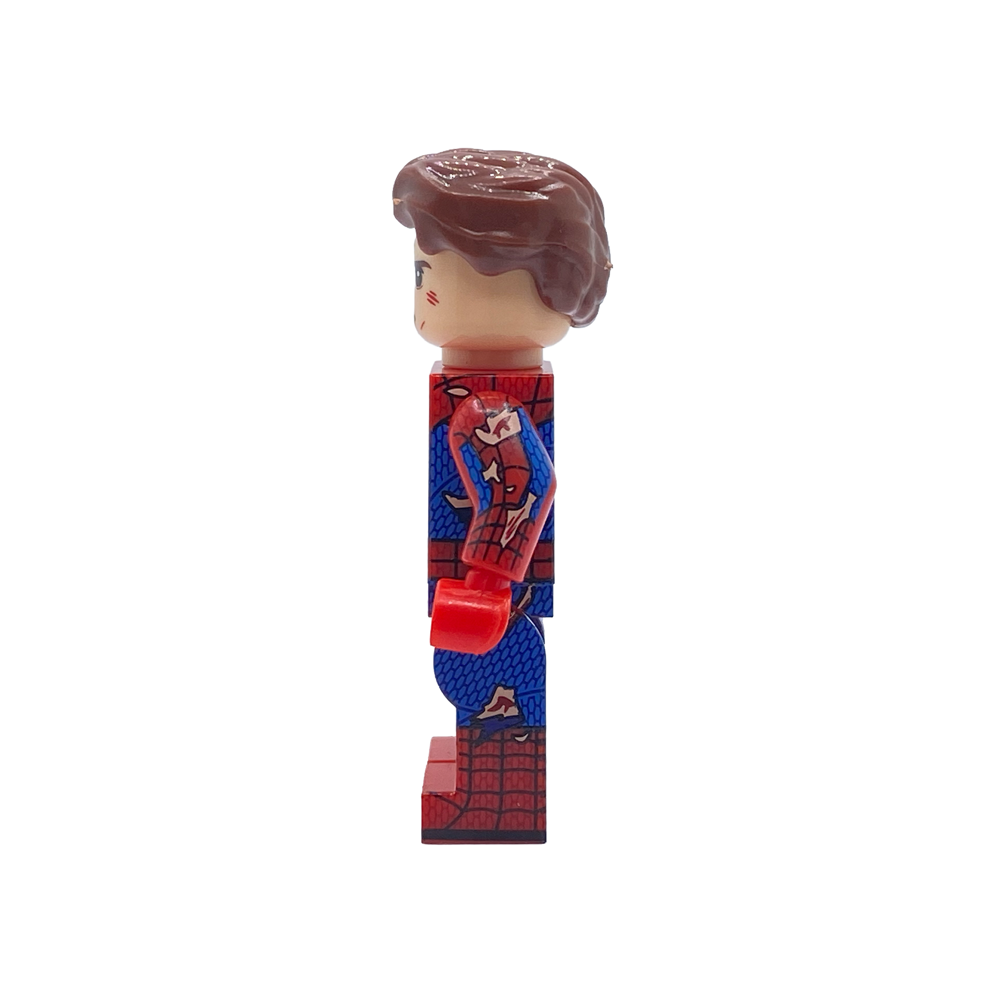 Side view of unmasked Spider-Man battle fatigue custom minifigure showing detailed suit printing