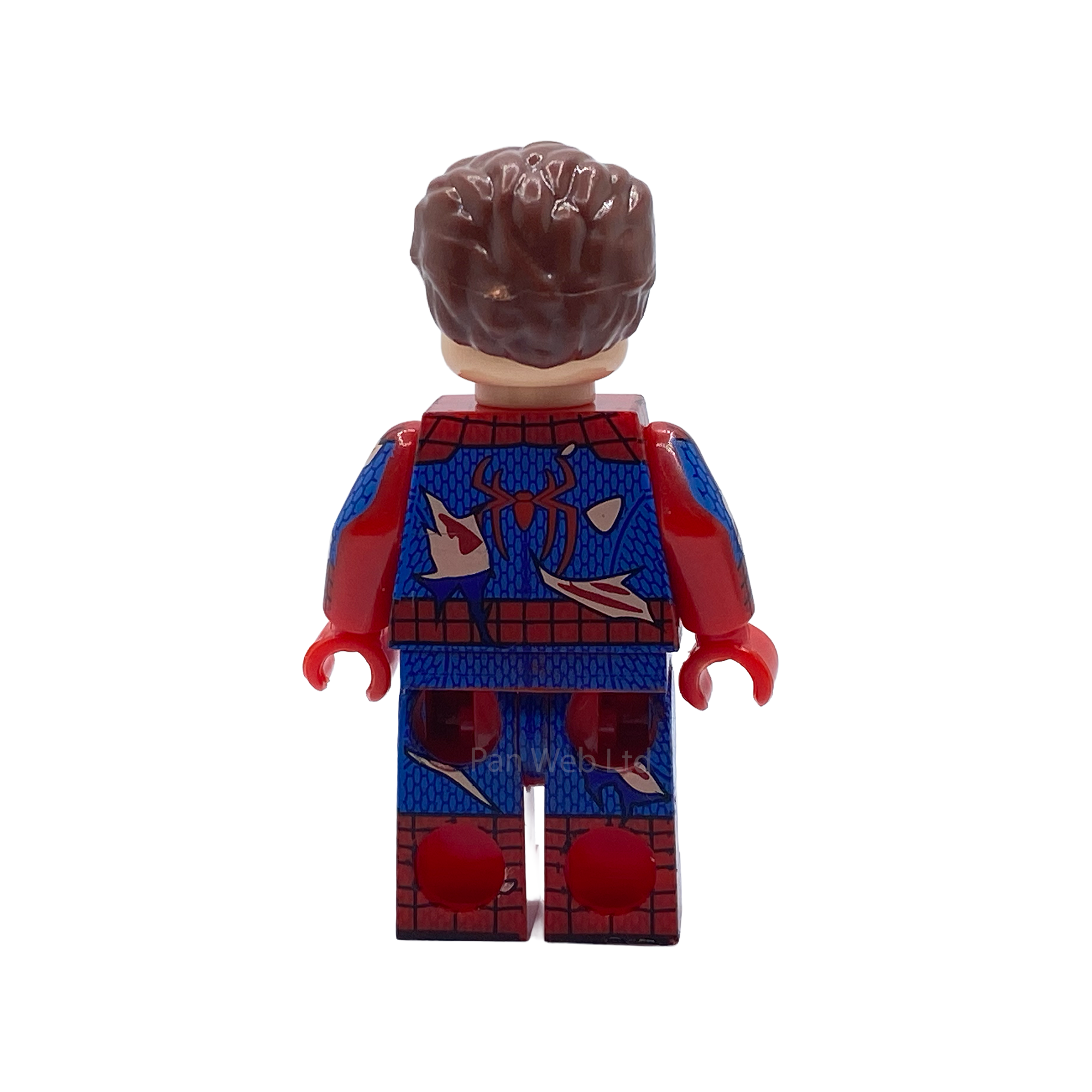 Rear view of unmasked Spider-Man battle fatigue custom minifigure showing damaged suit and spider emblem