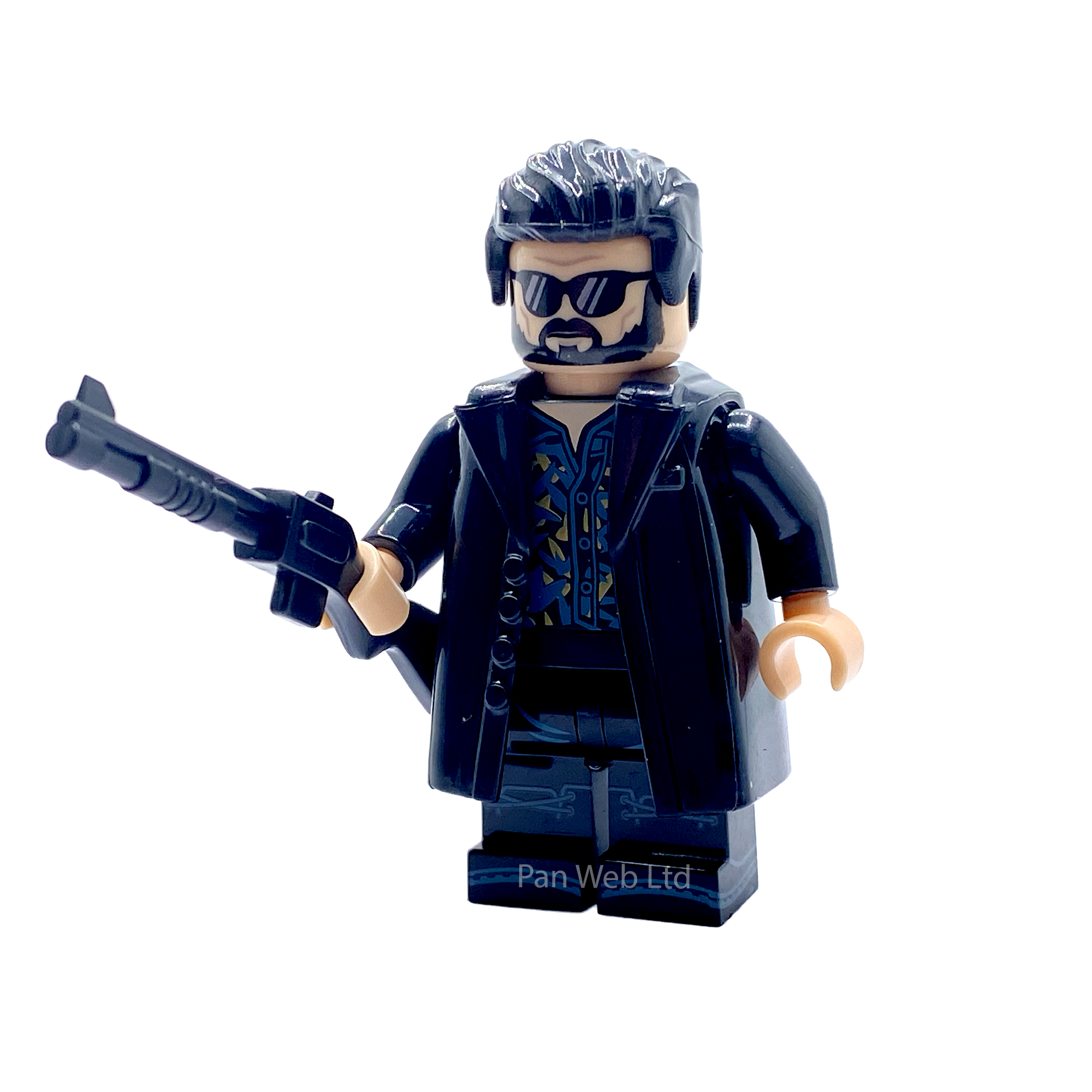 A custom-built toy minifigure of a man with black hair, sunglasses, and a black coat holding a gun, isolated on a white background.