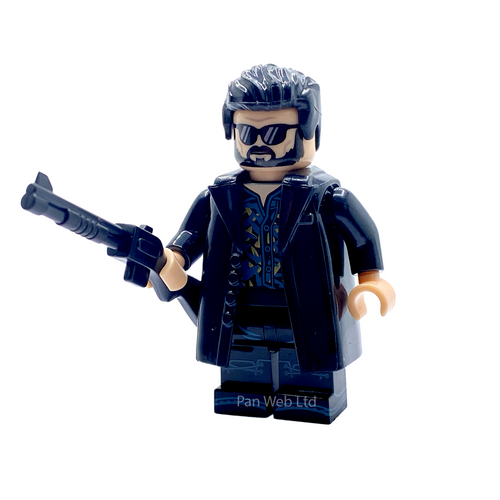 A custom-built toy minifigure of a man with black hair, sunglasses, and a black coat holding a gun, isolated on a white background.