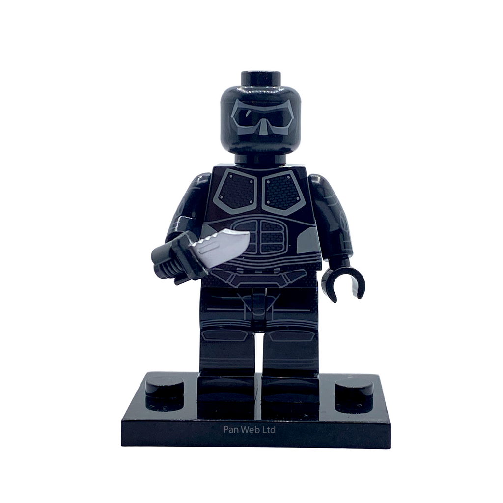 Black Noir custom brick figure presented on its display stand