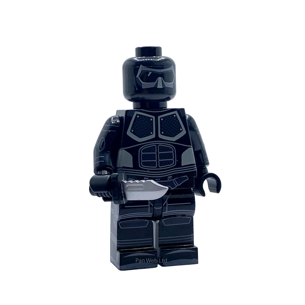 Front view of Black Noir custom brick figure holding a knife