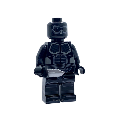 Front view of Black Noir custom brick figure holding a knife