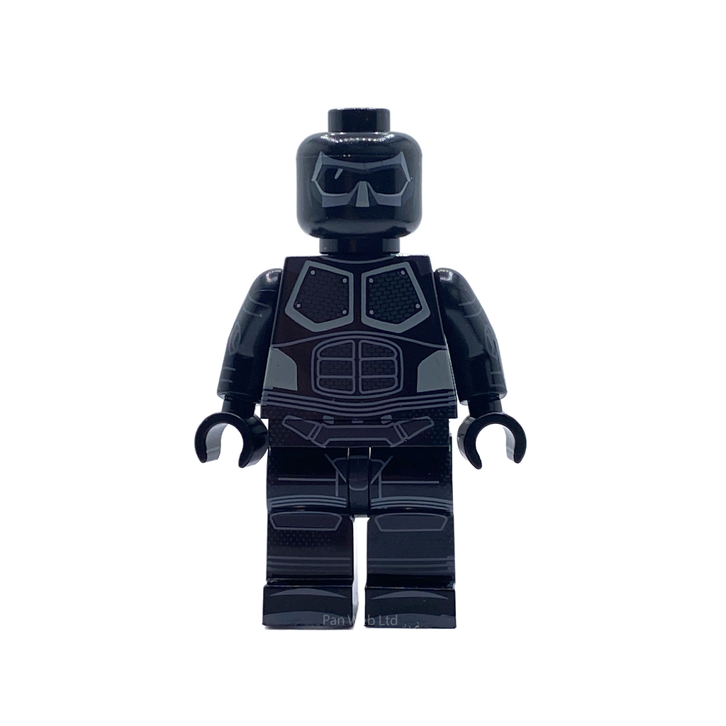 Close-up of Black Noir custom brick figure showing the printed suit detail