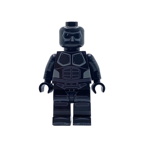 Close-up of Black Noir custom brick figure showing the printed suit detail