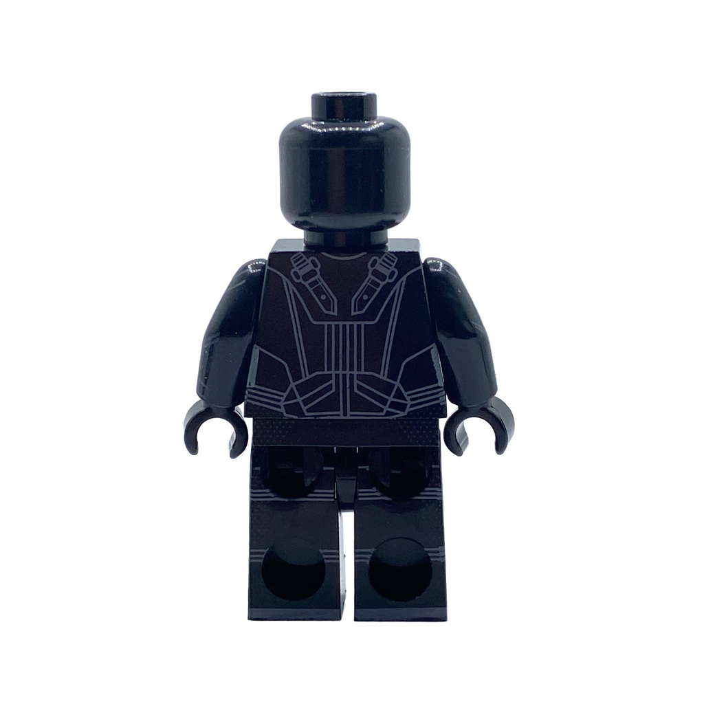 Rear view of Black Noir custom brick figure showing the printed outfit detail