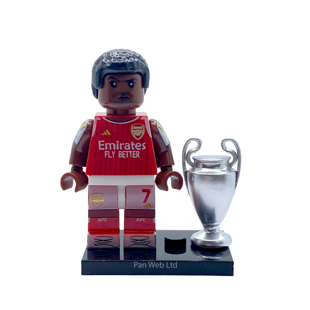Bukayo Saka custom brick figure on display stand with trophy accessory