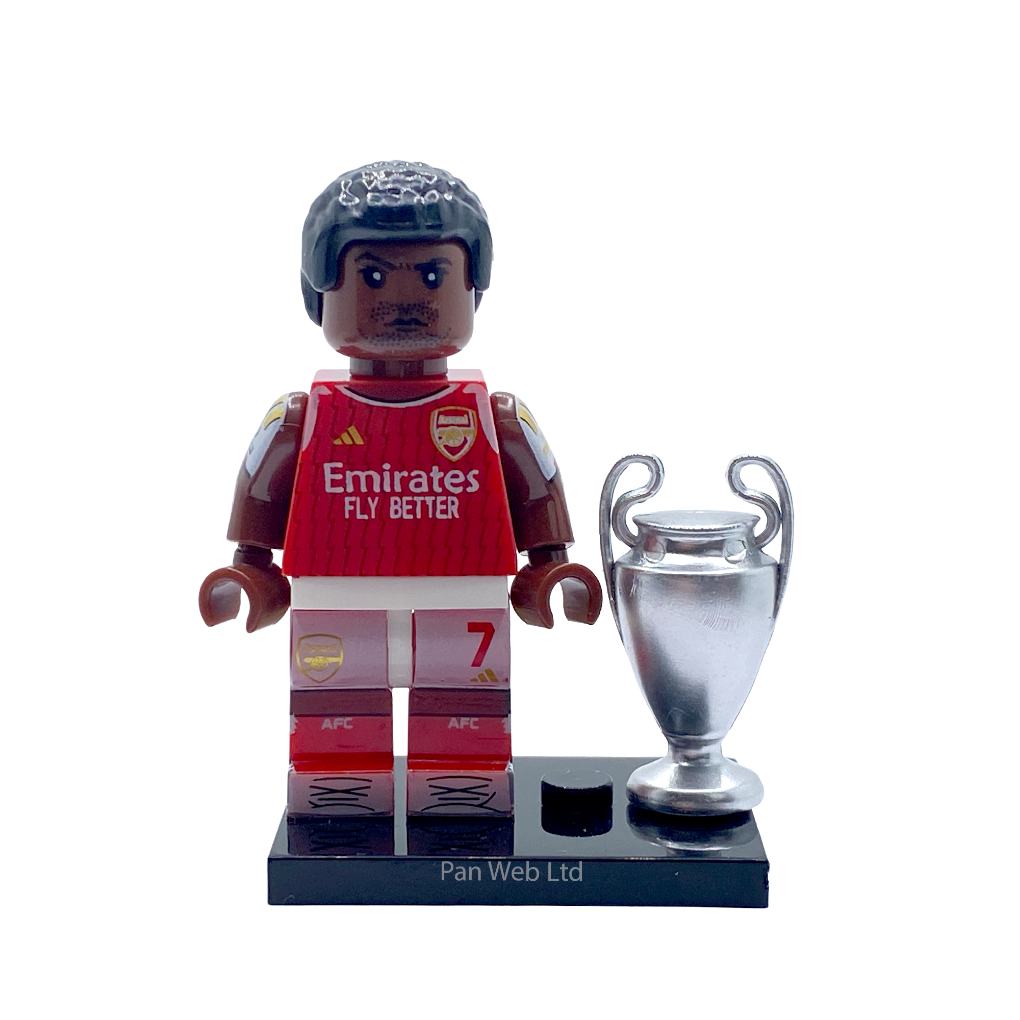 Bukayo Saka custom brick figure on display stand with trophy accessory