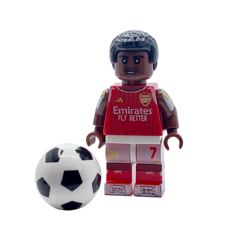 Front view of Bukayo Saka custom brick figure in Arsenal home kit with football