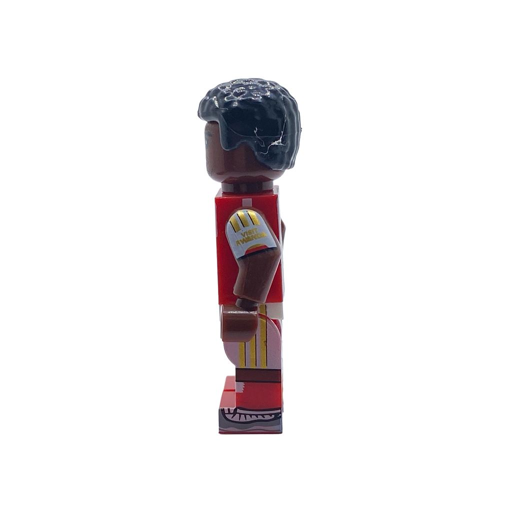 Side view of Bukayo Saka custom brick figure in Arsenal home kit