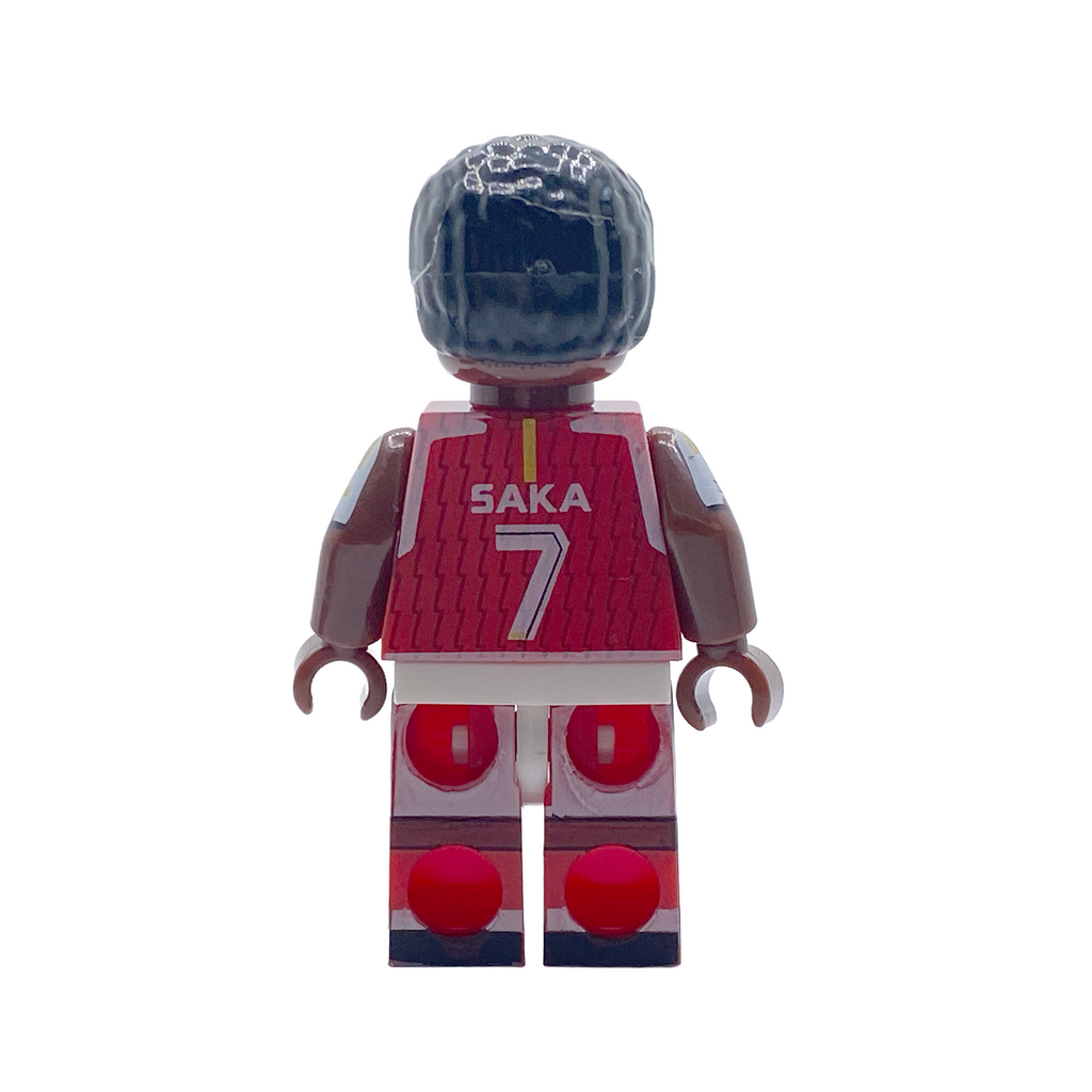 Rear view of Bukayo Saka custom brick figure showing printed name and number