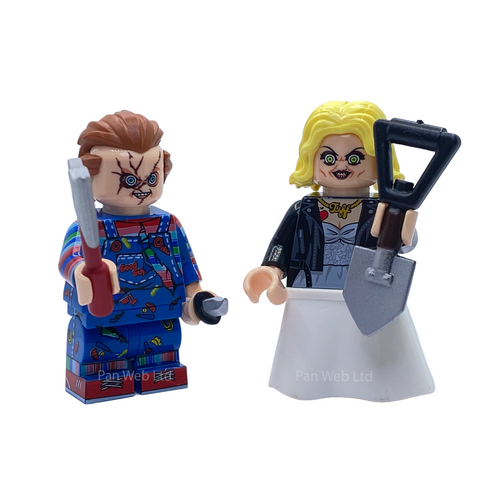 Two horror-themed toy minifigures on a plain white background. One figure has brown hair, a scarred face, and a blue/red patterned outfit while holding a silver knife.