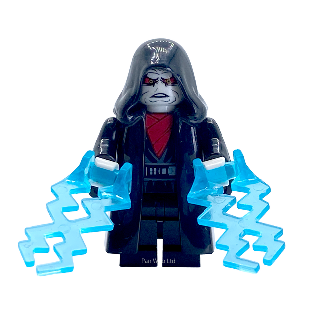 Front view of Emperor Palpatine Custom Brick Figure with Force lightning accessories