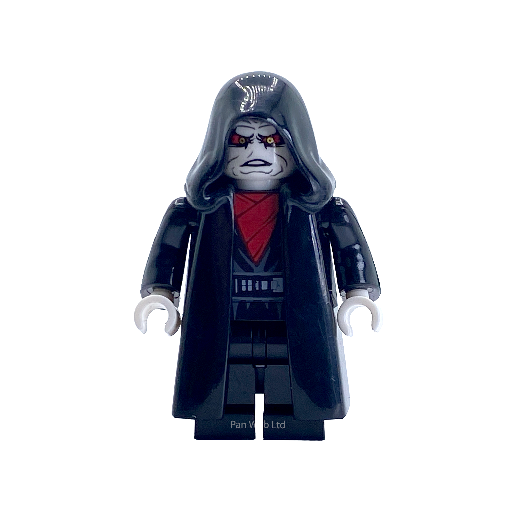 Close-up front view of Emperor Palpatine Custom Brick Figure showing hood and face detail