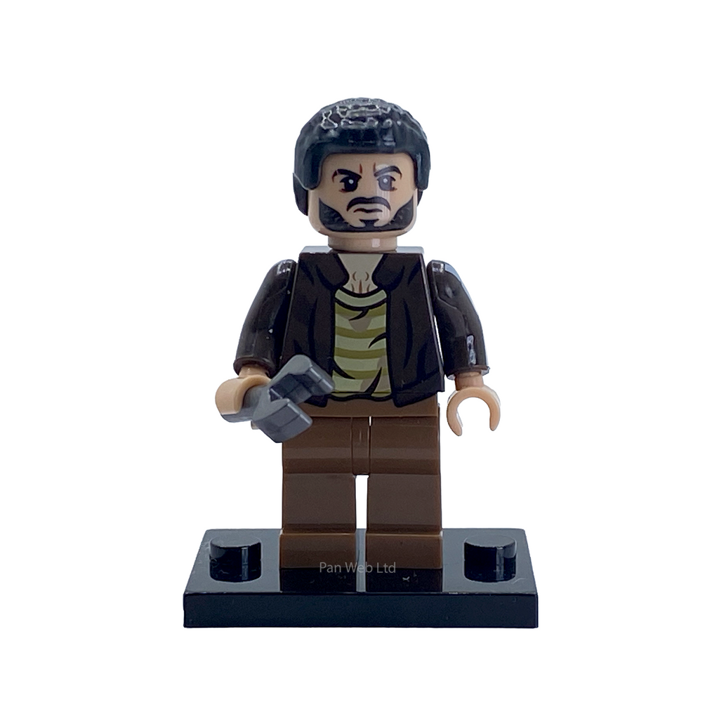 Frenchie custom minifigure on display stand with hammer accessory