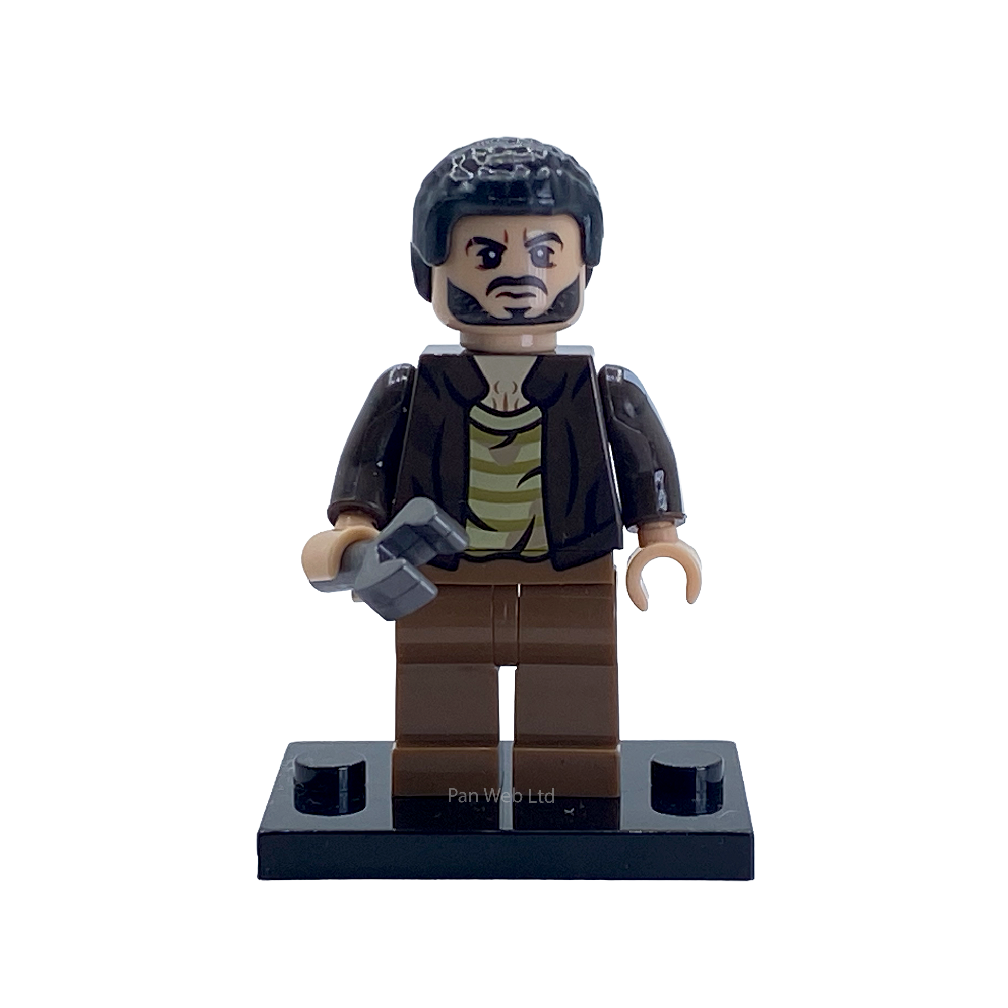 Frenchie custom minifigure on display stand with hammer accessory