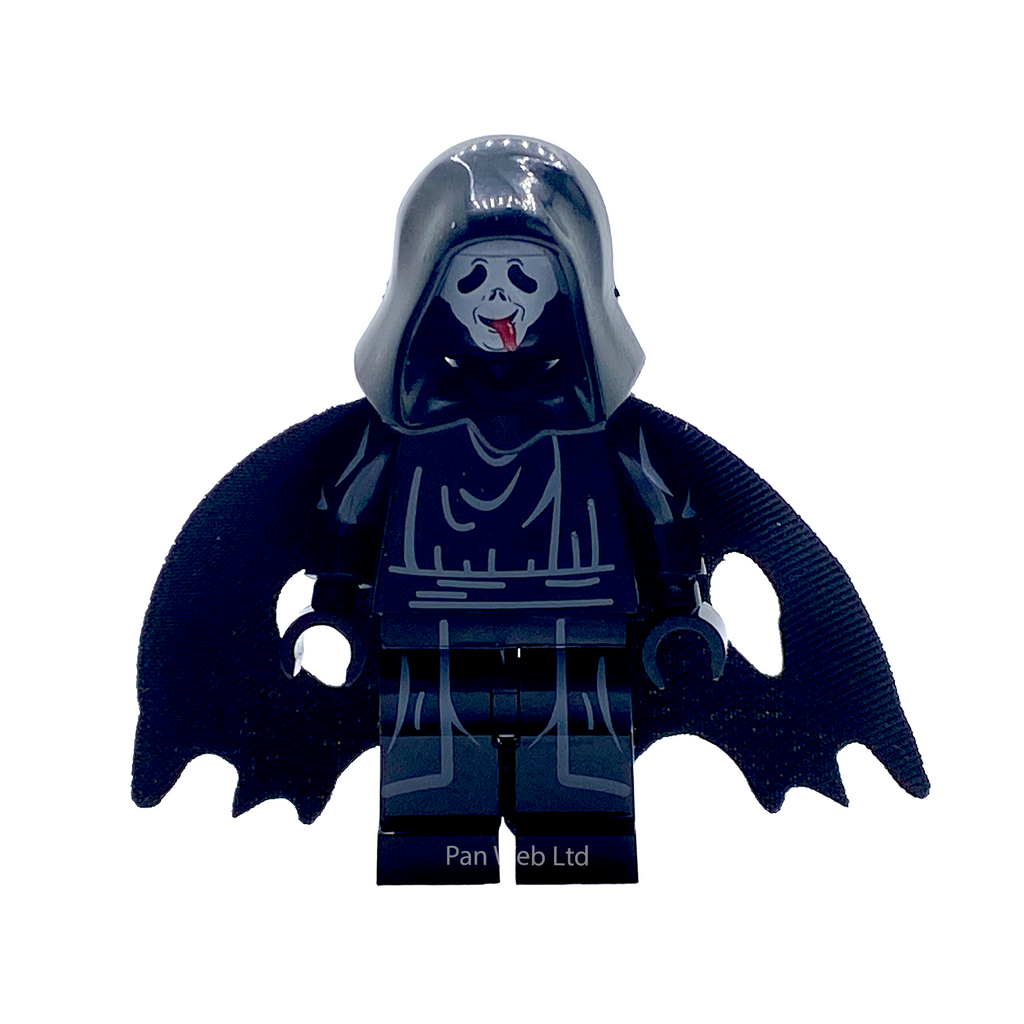 A custom-built dark blue LEGO-style minifigure with a hood, bat-like wing-like side extensions, and a printed skull face on the chest, isolated on a white background.