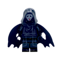 A custom-built dark blue LEGO-style minifigure with a hood, bat-like wing-like side extensions, and a printed skull face on the chest, isolated on a white background.