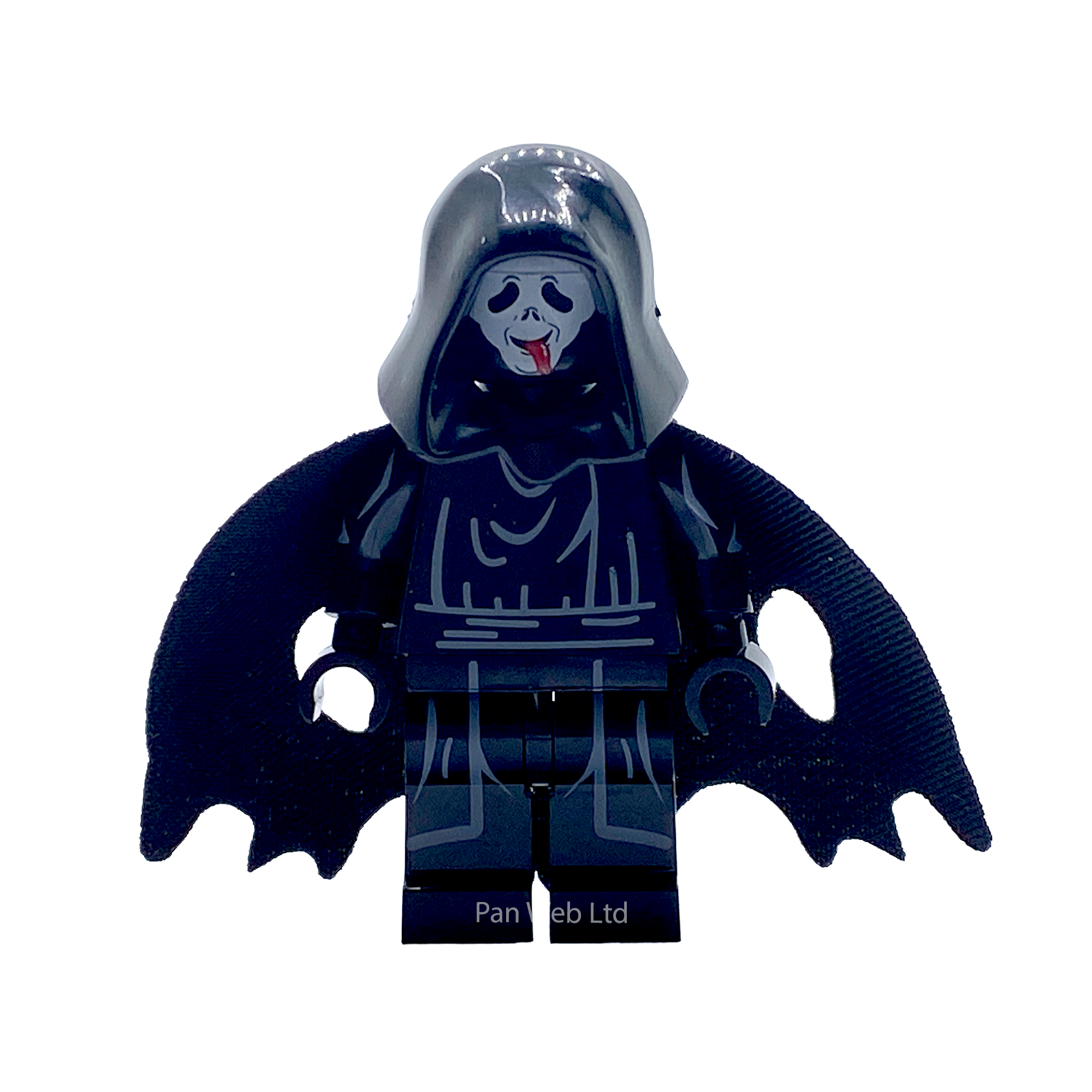 A custom-built dark blue LEGO-style minifigure with a hood, bat-like wing-like side extensions, and a printed skull face on the chest, isolated on a white background.