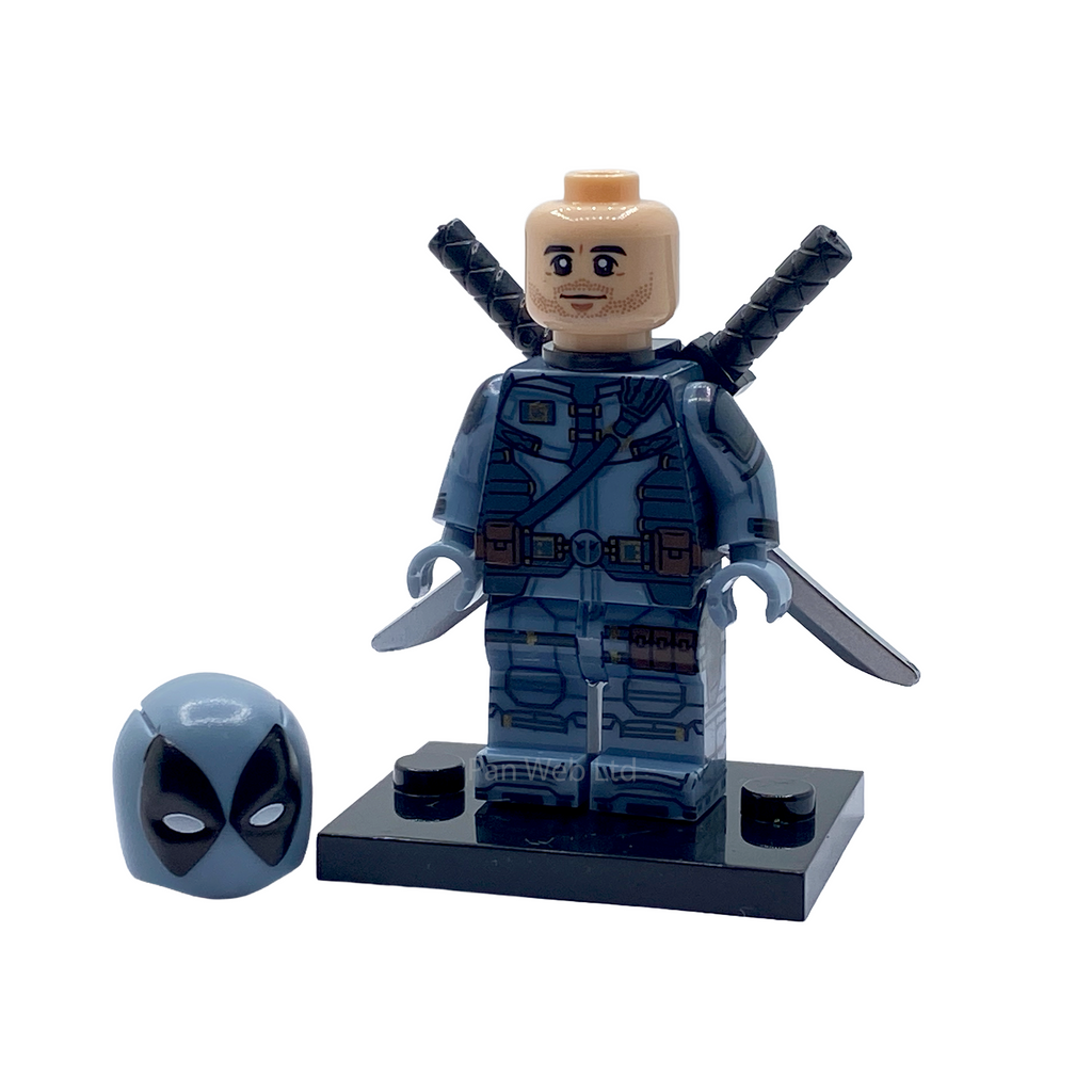 Unmasked X-Force Deadpool custom minifigure with four swords, spare mask and black display base