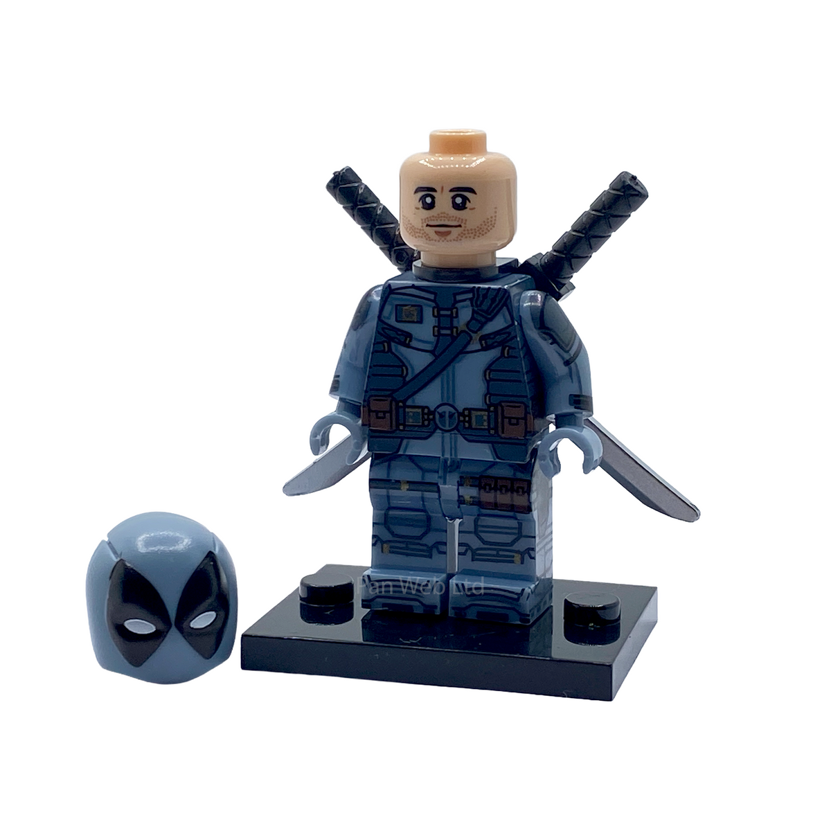 Unmasked X-Force Deadpool custom minifigure with four swords, spare mask and black display base