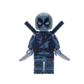 Front view of X-Force Deadpool custom minifigure holding two silver blades with crossed swords