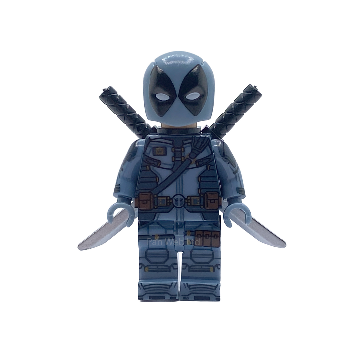 Front view of X-Force Deadpool custom minifigure holding two silver blades with crossed swords
