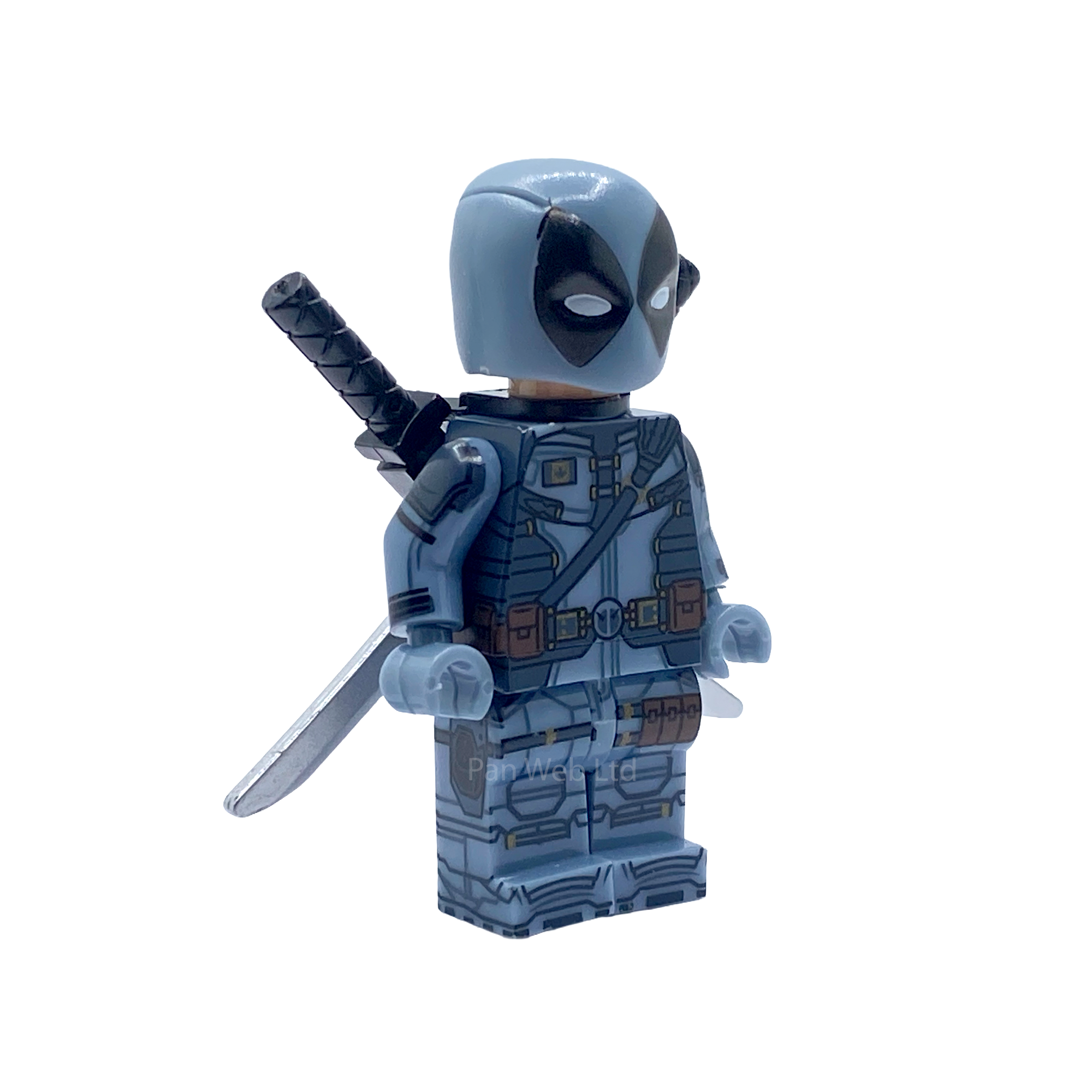 Three-quarter view of X-Force Deadpool custom minifigure in grey tactical suit with back sword
