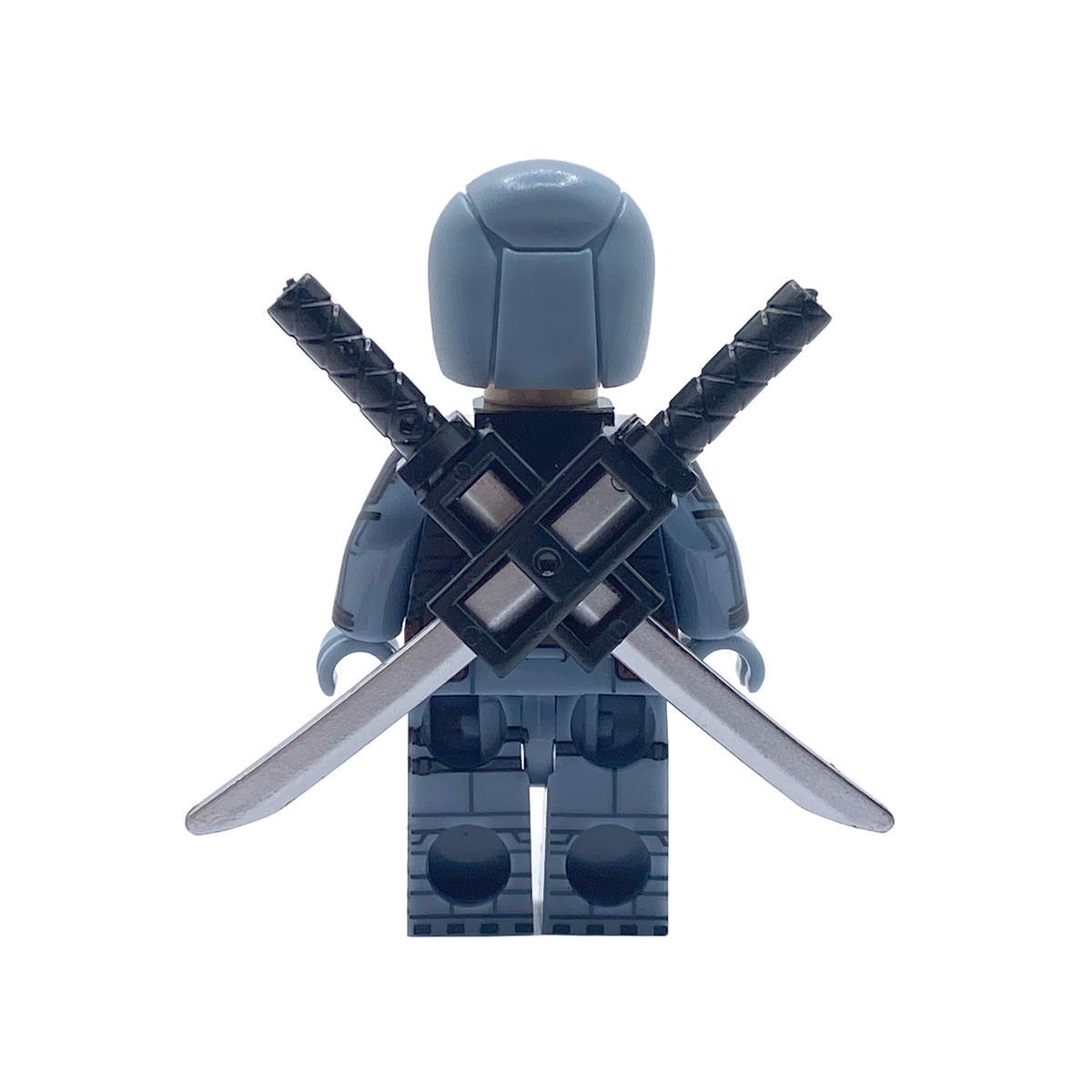 Rear view of X-Force Deadpool custom minifigure showing crossed silver swords and grey tactical suit