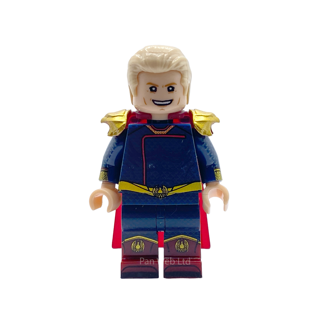 A custom-built toy minifigure resembling a superhero, featuring blond hair, a blue bodysuit with gold shoulder epaulets, a red cape, and a gold belt, isolated on a white background.