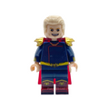 A custom-built toy minifigure resembling a superhero, featuring blond hair, a blue bodysuit with gold shoulder epaulets, a red cape, and a gold belt, isolated on a white background.