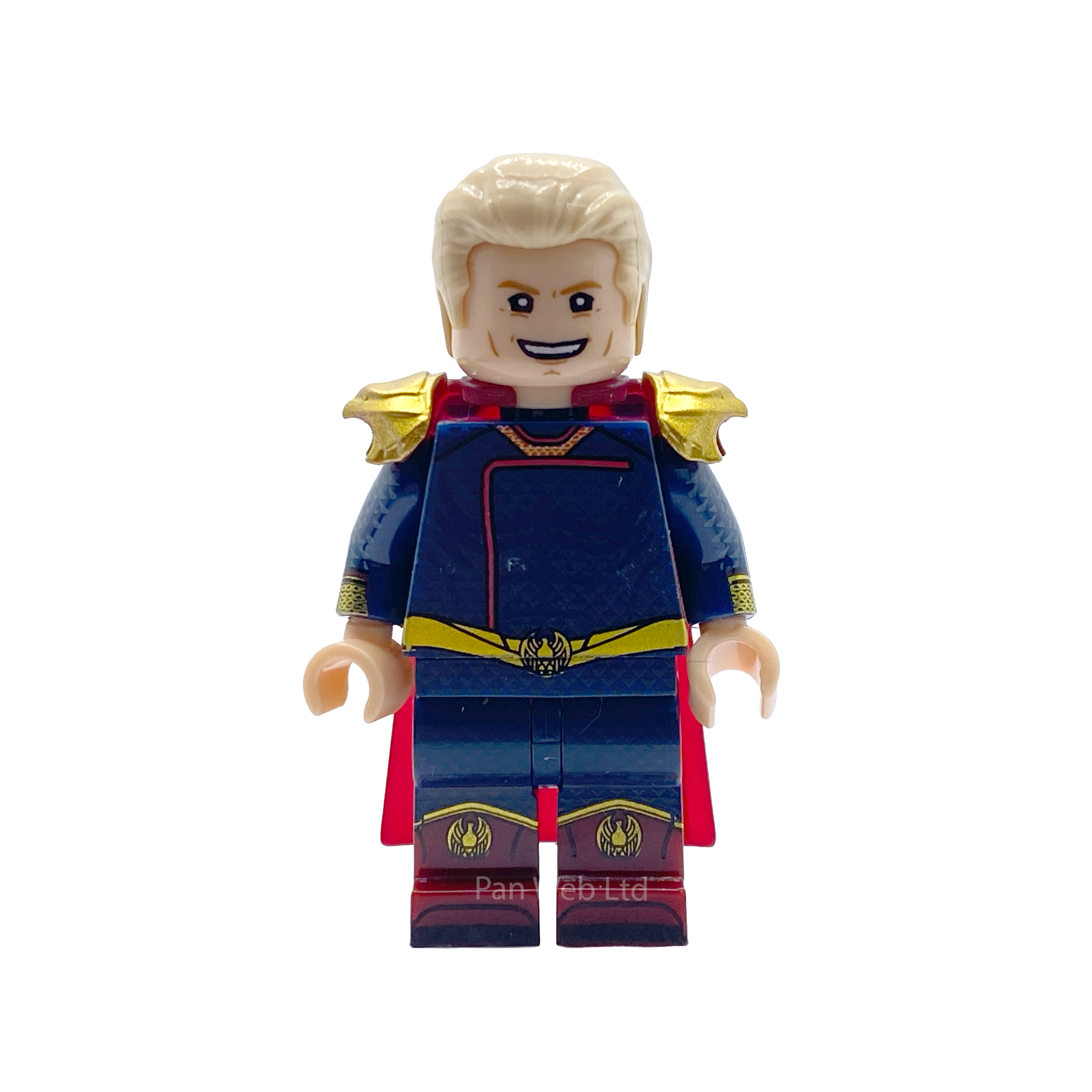 A custom-built toy minifigure resembling a superhero, featuring blond hair, a blue bodysuit with gold shoulder epaulets, a red cape, and a gold belt, isolated on a white background.