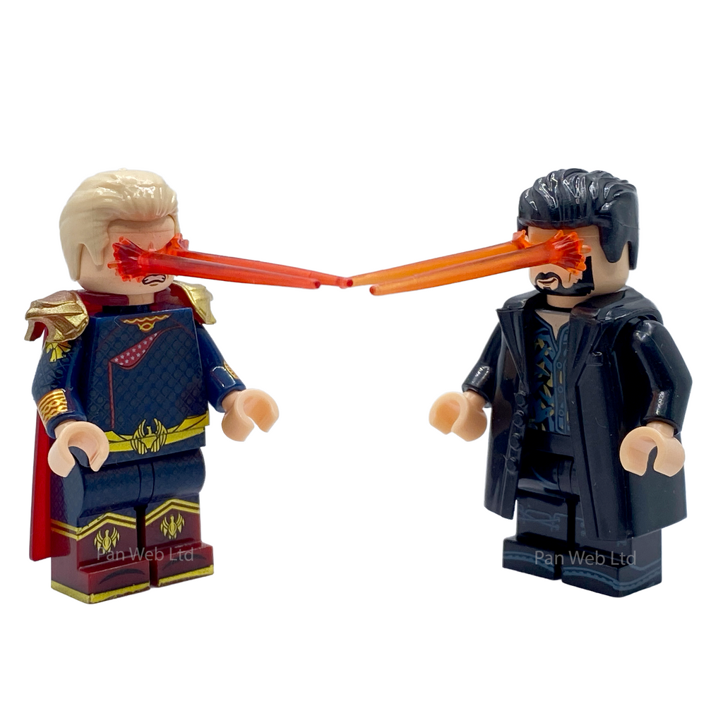Homelander and Billy Butcher custom minifigures battling with red and orange eye-beam effect pieces