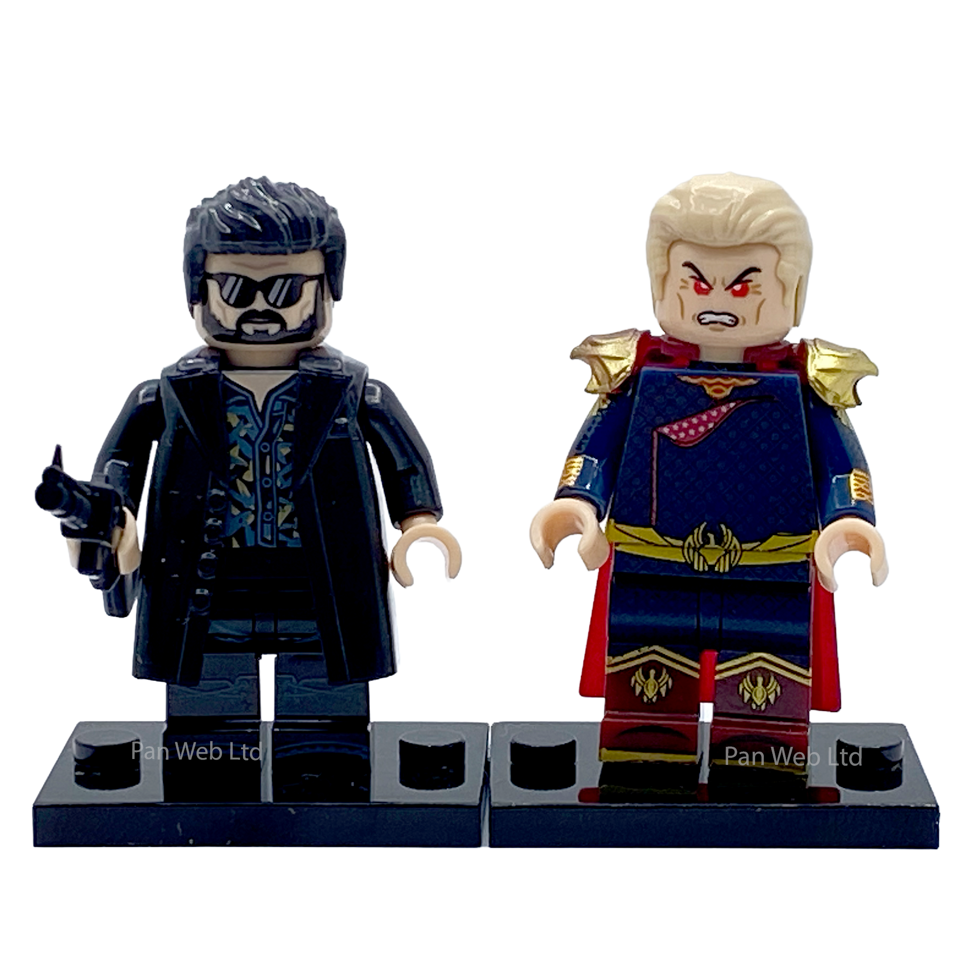 Front view of Homelander and Billy Butcher custom minifigure duo on black display bases