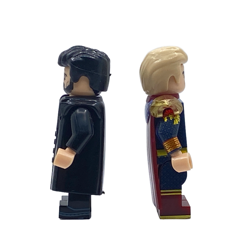Side view of Homelander and Billy Butcher custom minifigure duo