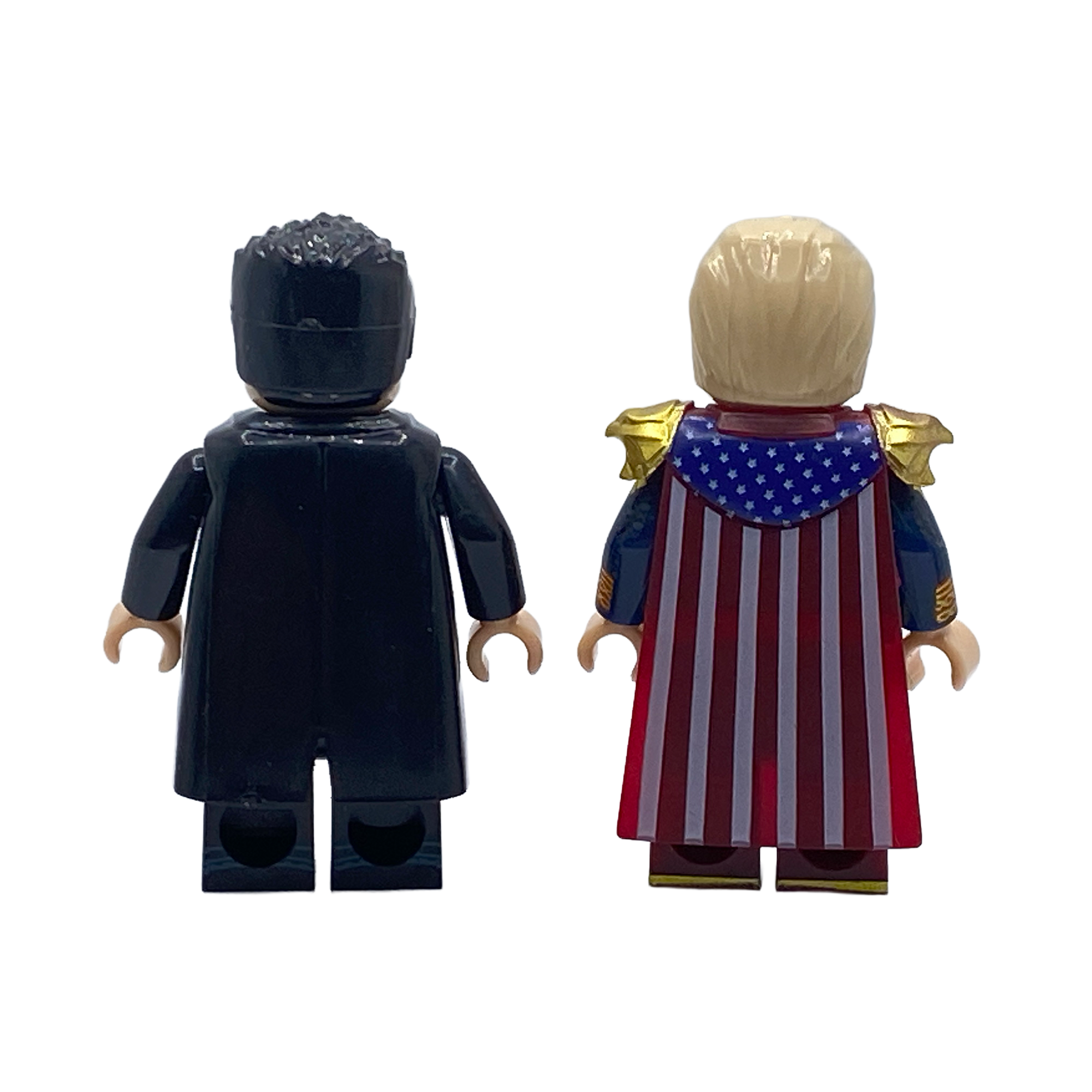Rear view of Homelander and Billy Butcher custom minifigures showing Homelander's cape