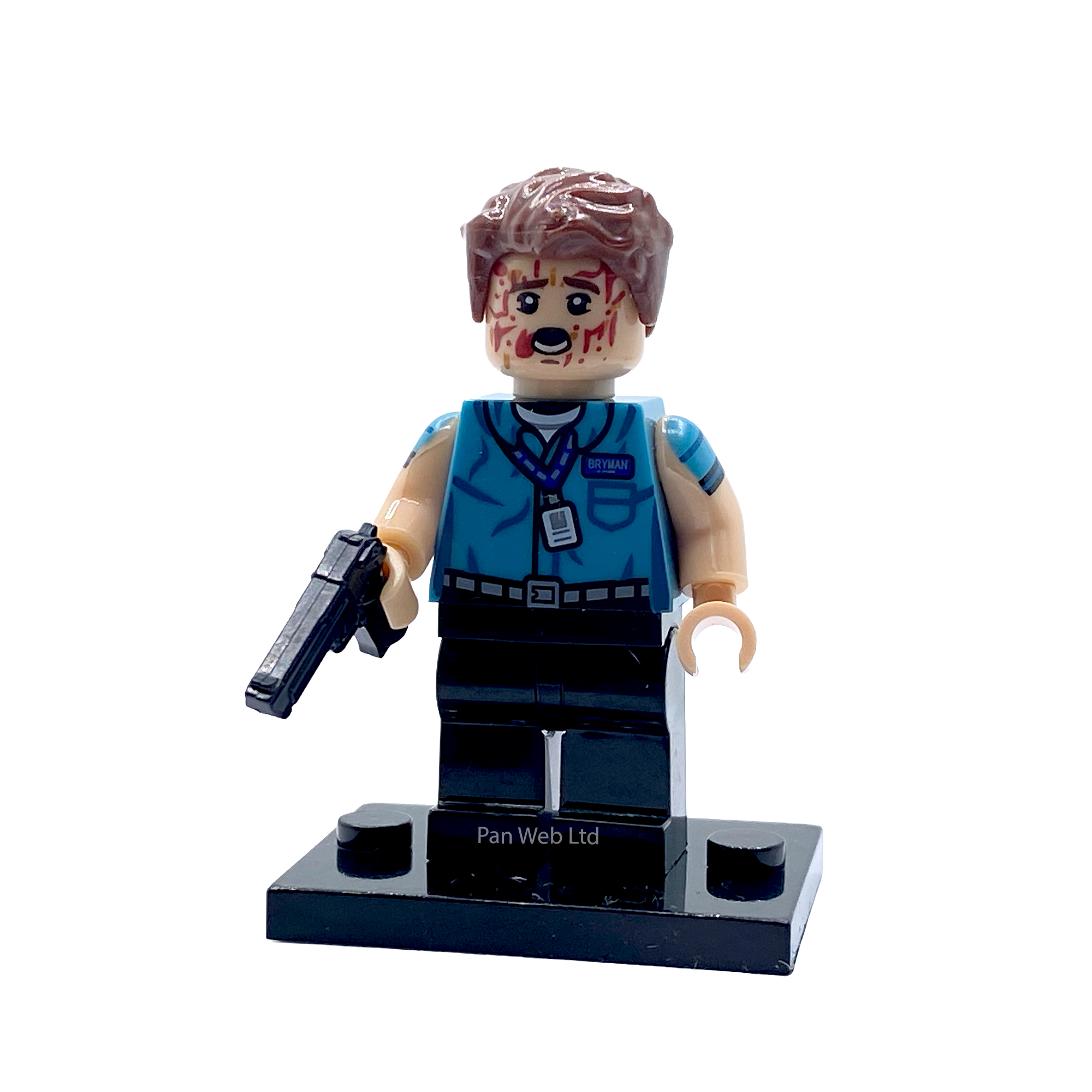 Hughie Campbell "Wee Hughie" custom brick figure on display stand with blood-spatter face detail