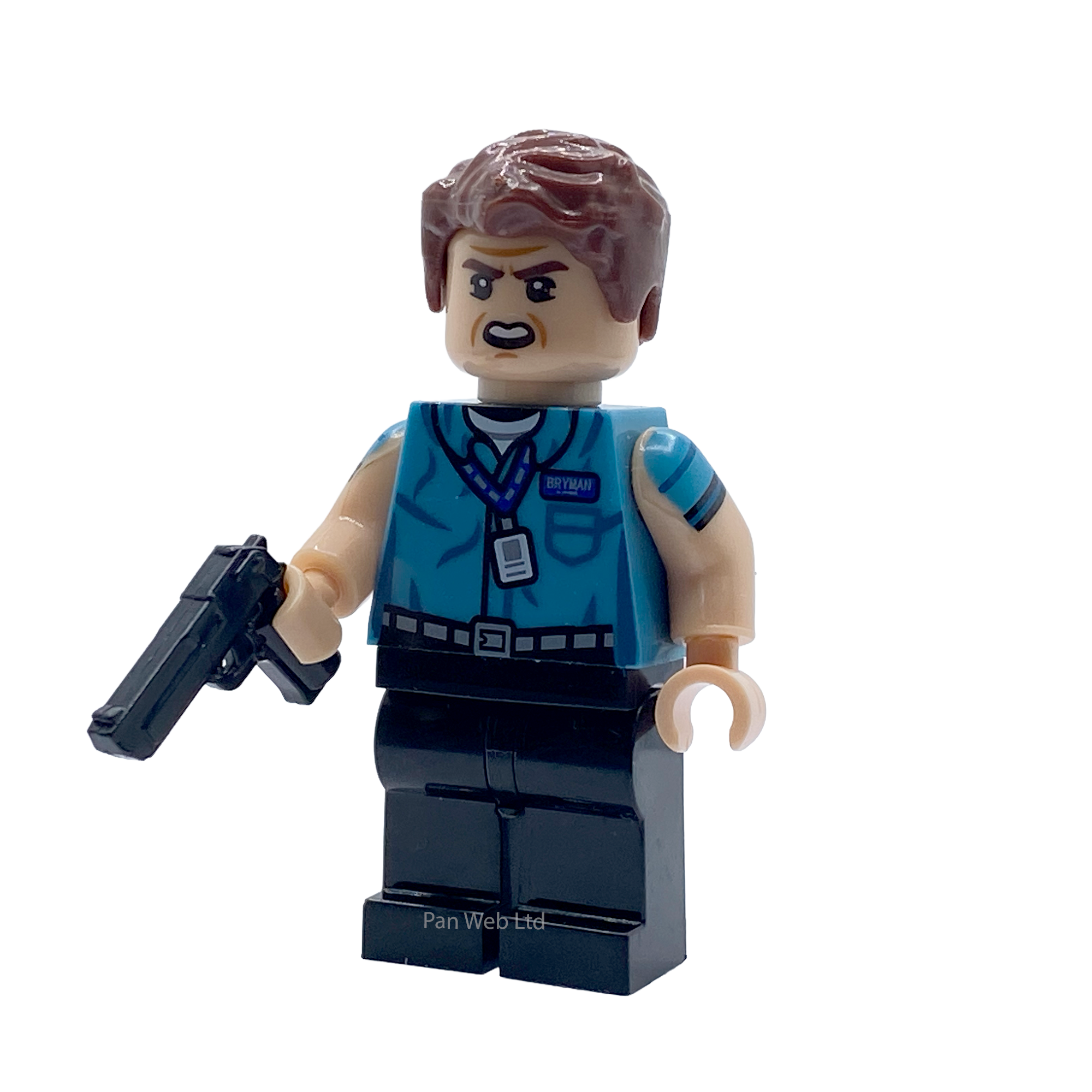 Front view of Hughie Campbell "Wee Hughie" custom brick figure holding pistol accessory