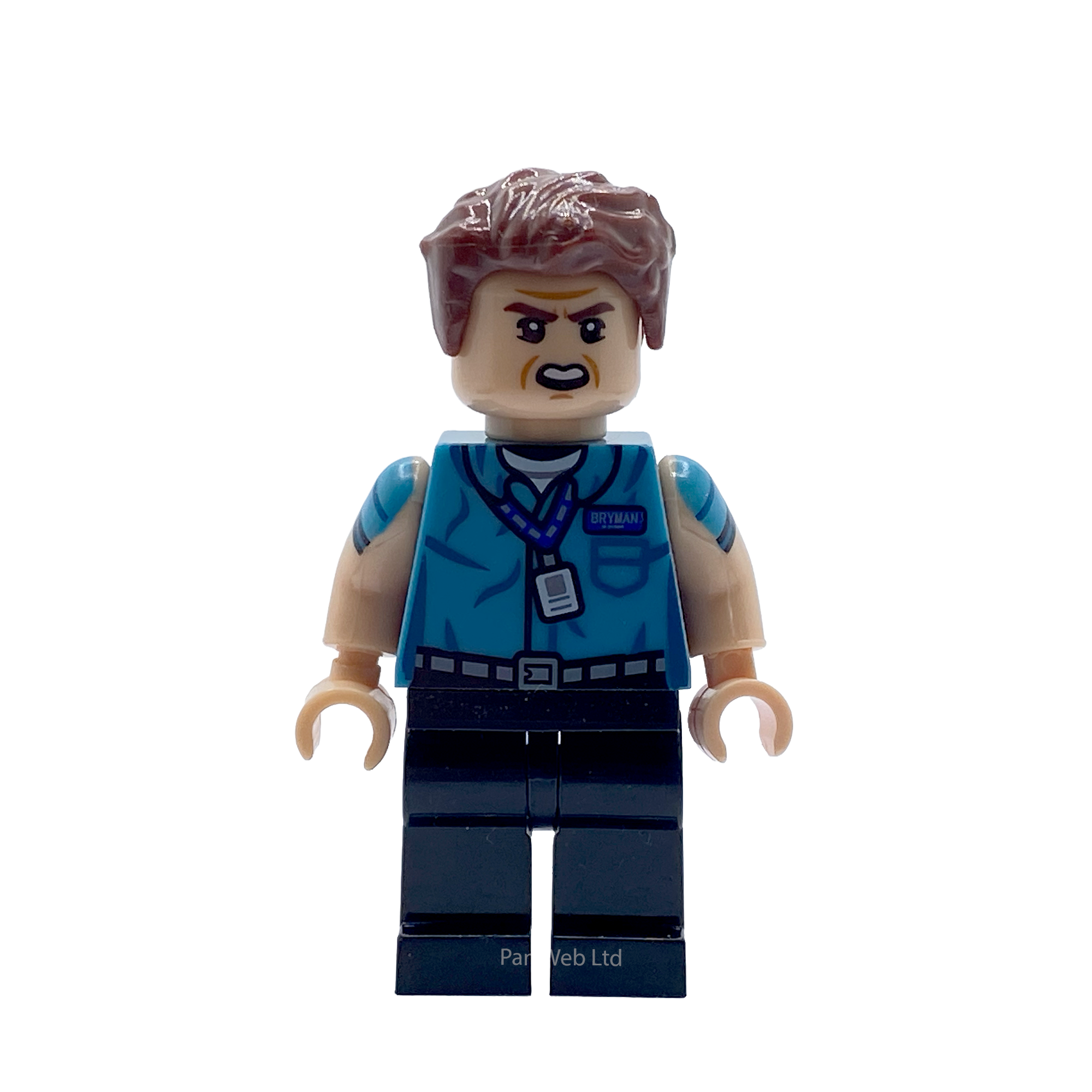 Close-up front view of Hughie Campbell "Wee Hughie" custom brick figure in Bryman work shirt