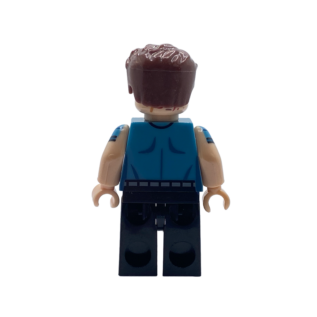 Rear view of Hughie Campbell "Wee Hughie" custom brick figure in teal work shirt