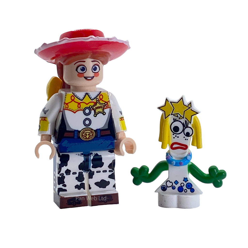 Front view of Jessie Toy Story Custom Brick Figure with Karen accessory