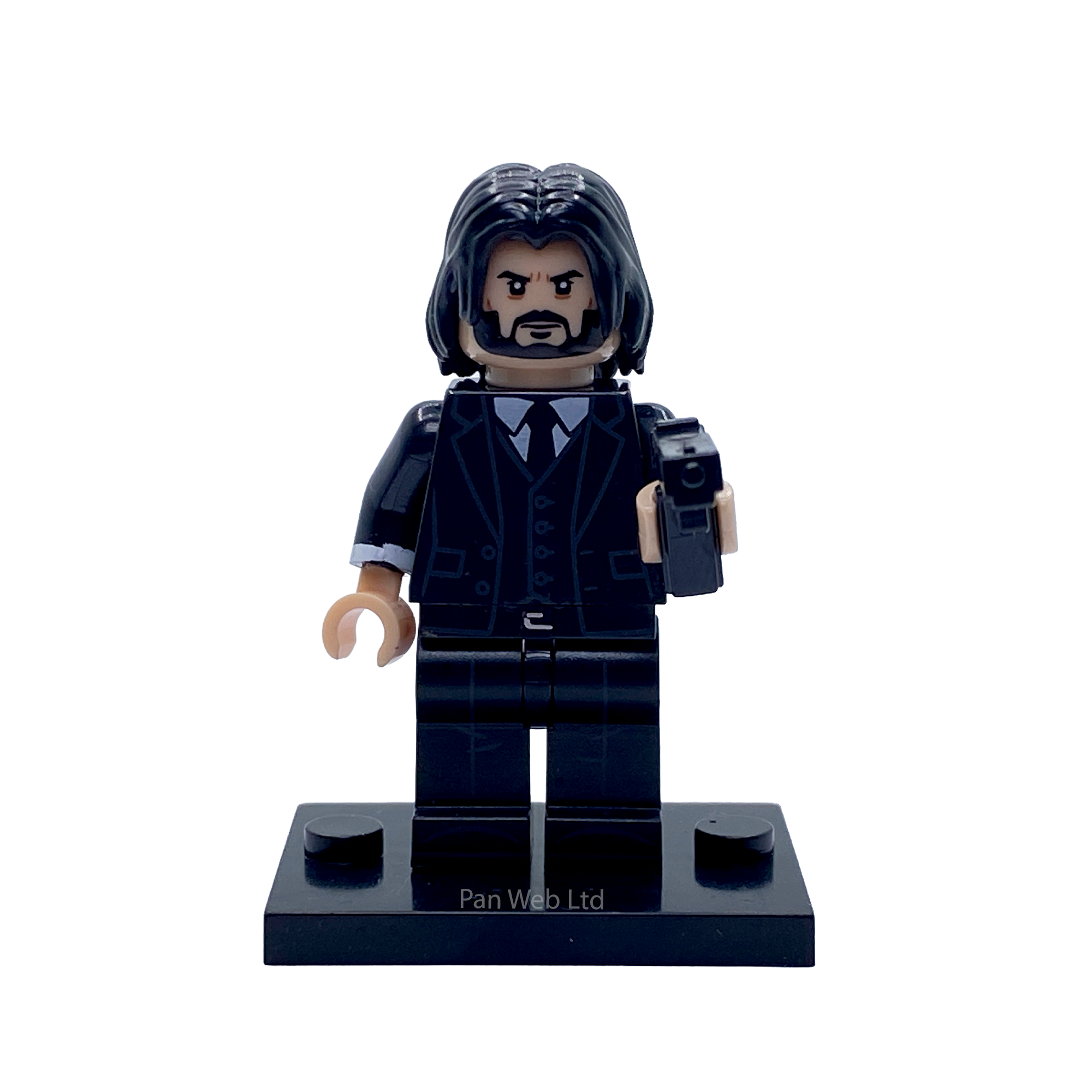 John Wick Assassin custom brick figure presented on its display stand